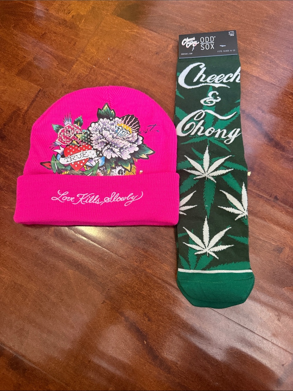 Bright Pink Beanie with Floral Graphic & Green 'Cheech & Chong' Socks